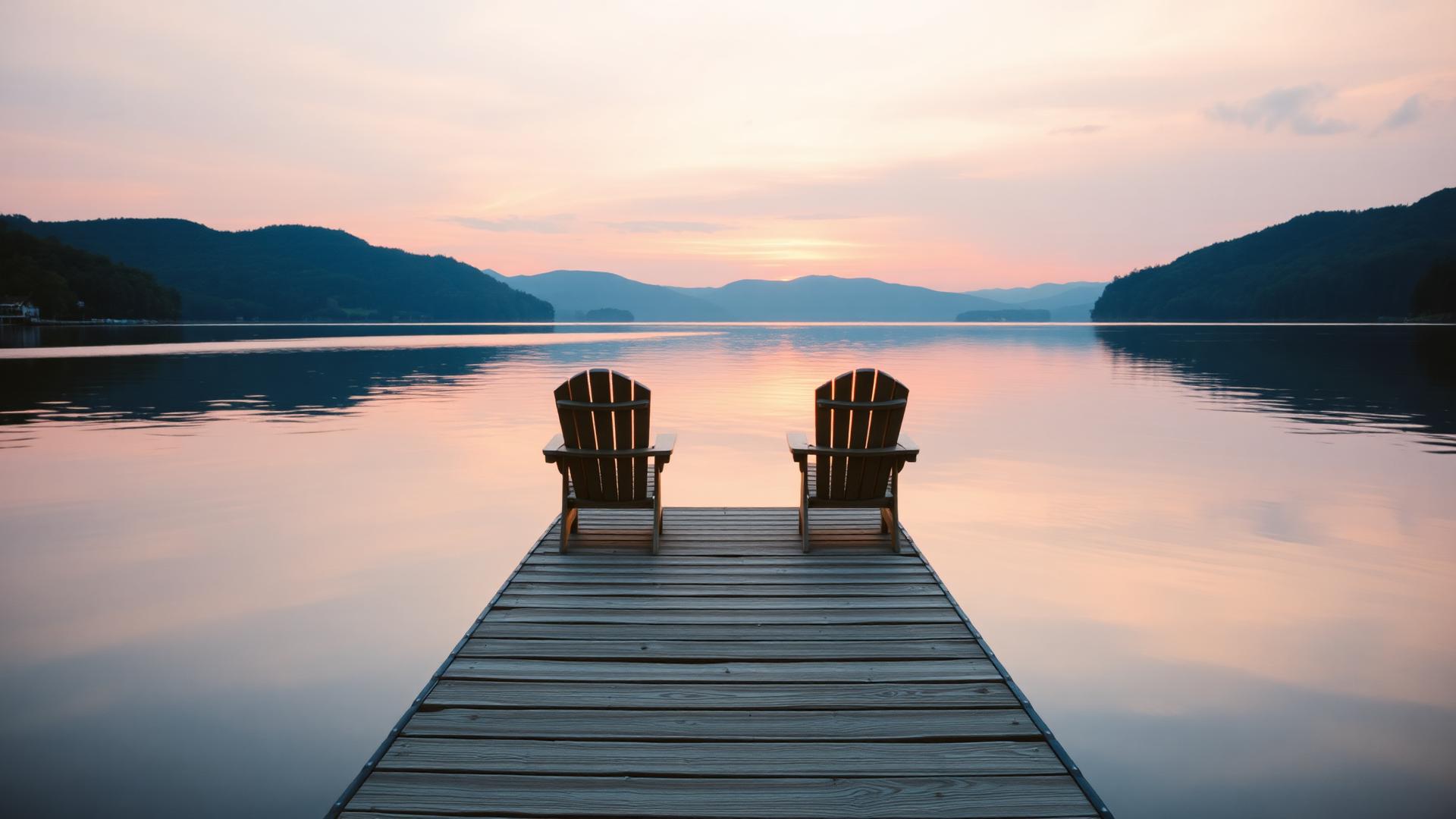 Two Adirondack chairs at the end of a dock on a calm Vermont lake at sunset